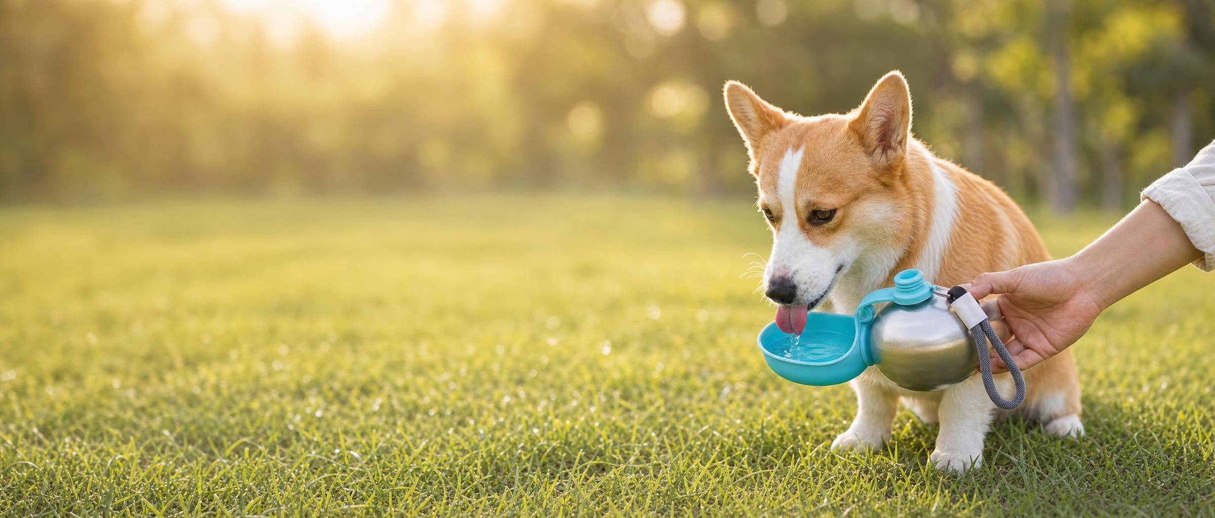 Dog drinking from the Trotto bottle in the park