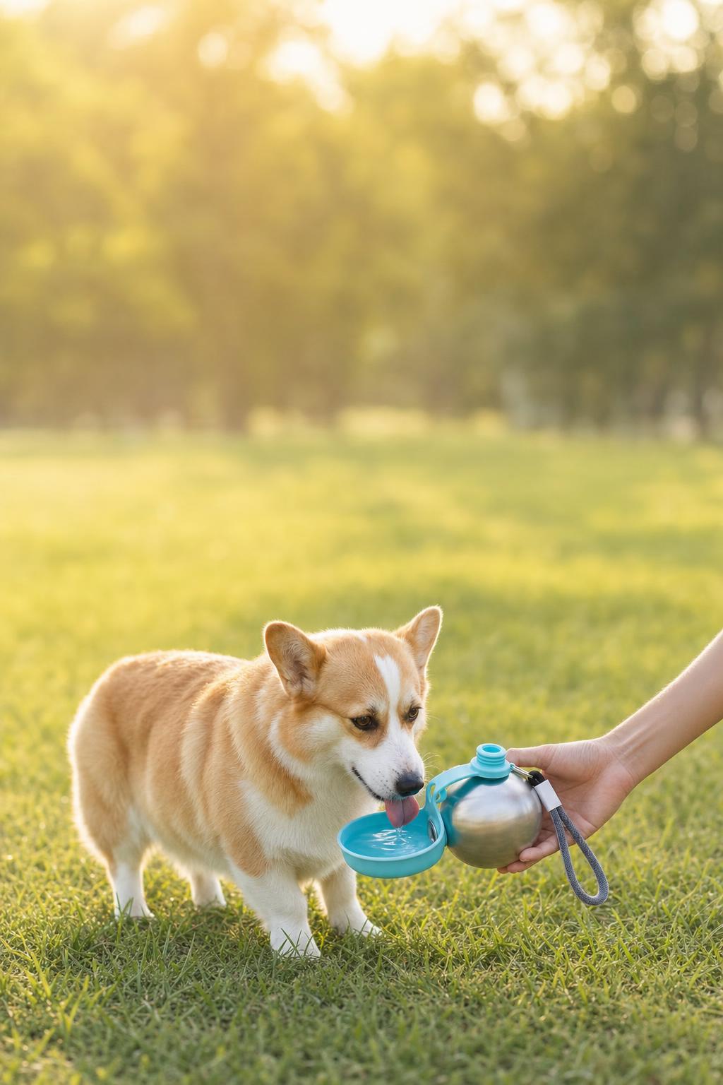 Dog drinking from the Trotto bottle in the park