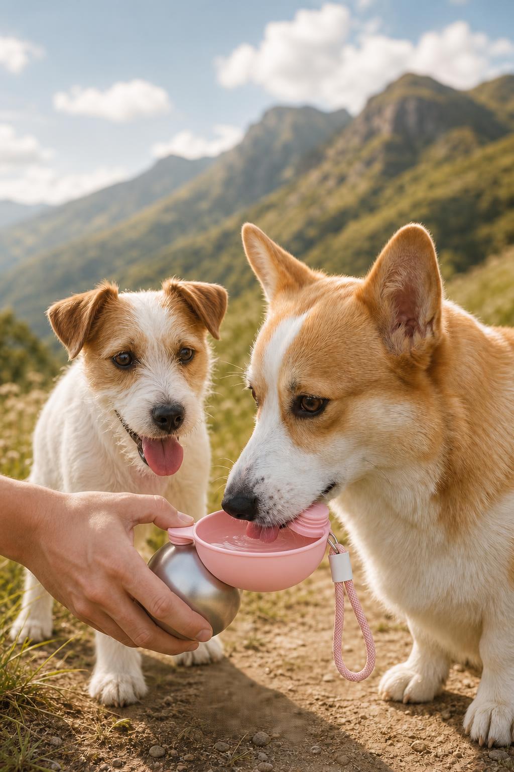 Two small dogs drinking in the mountains